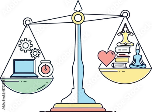 Conceptual illustration of a weighing scale symbolizing work-life balance, depicting harmony between professional demands and personal well-being