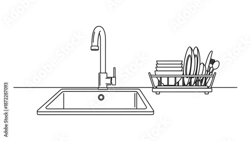 Kitchen sink with faucet and dish drying rack line art.