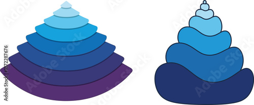 Geometric abstract layered cone shapes in gradient shades of blue and purple