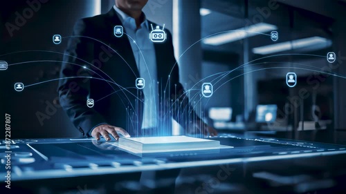 Businessman touching with AI virtual assistant interface, symbolizing automated client service, smart chatbot technology, digital communication, customer support, and futuristic business automation.