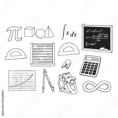 Hand drawn mathematics and science symbols on white background