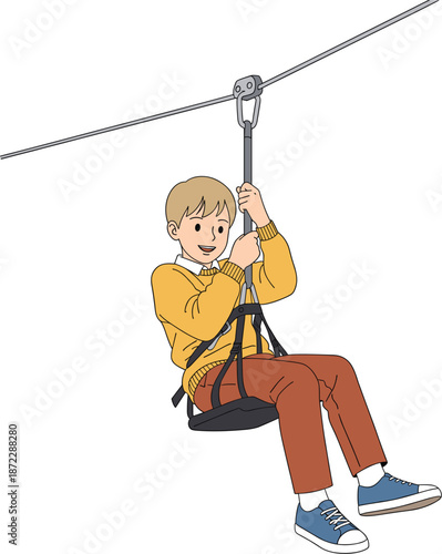 Happy young boy sliding on a zipline outdoor adventure park activity for kids summer camp and childhood recreation