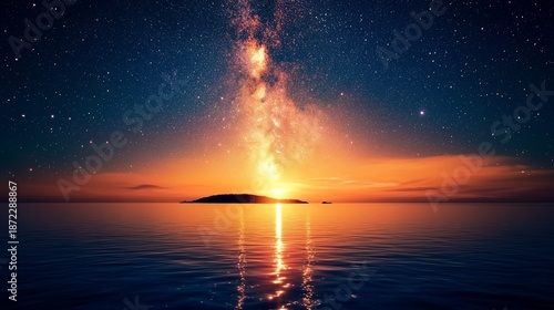 Galaxy Band Over Tranquil Sea With Island Silhouette At Night