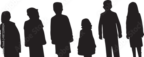 Black vector silhouettes of people including a man woman couple and family walking together
