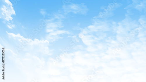 Sky Blue Background and Cloud. Summer Clear Sky by Beach. Spring Landscape and white dramatic cloudy and sun. Vector design.
