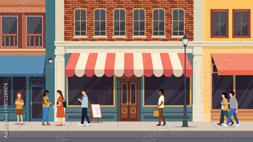 Urban City Street with Vintage Storefronts and Diverse People.Flat Design Streetscape with Shops and Pedestrians.Small Business Shop Facades with People Walking on a City Sidewalk