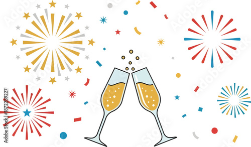 Cheers to Celebration with Champagne Flutes and Fireworks