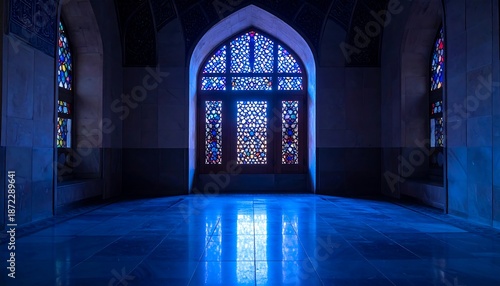 Mystical Blue Light Illuminating Ornate Doorway in Architectural Interior.