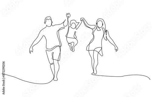 Happy family in continuous line art drawing style. Front view of parents with their little kid holding. Continuous one line drawing of a couple pushing a shopping cart full of groceries together vecto