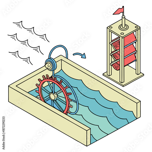 Deep Sea Ocean Current Visualization featuring Underwater Turbine Technology for Clean Energy, Vector Diagram