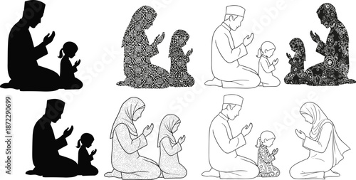 Adult and child praying, Islamic devotion, kneeling posture, spiritual bond, patterned silhouettes, religious practice, cultural tradition, cad drawing flat vector illustration