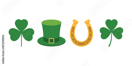 st patricks day icons with clover hat and horseshoe, vector illustration