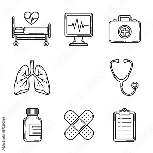 Black and white of medical equipment and symbols outline healthcare