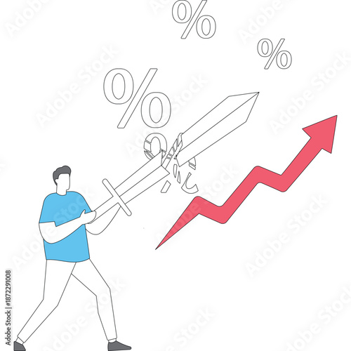 Flat vector style illustration of businessman using sword to cut rising interest rate or inflation financial struggle resistance and economic battle stock illustration