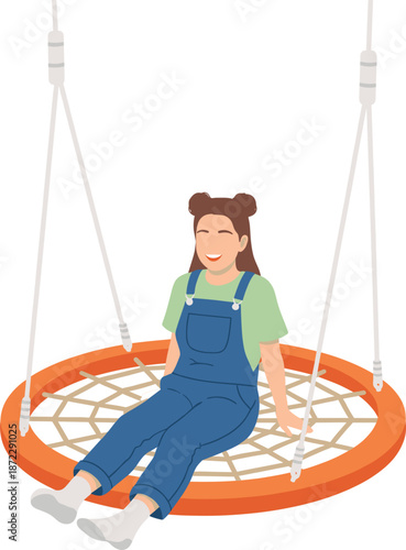 Happy young girl sitting on a round nest swing at playground wearing denim overalls vector illustration for childhood leisure
