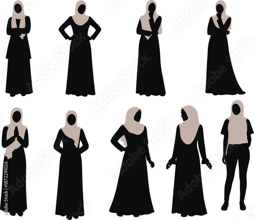 Hijab women silhouettes, modest fashion, cultural clothing, traditional attire, diverse poses, black vector art, Islamic identity, cad drawing flat vector illustration