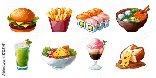 Colorful assorted food items including burger, fries, sushi, salad, juice, ice cream, and bread