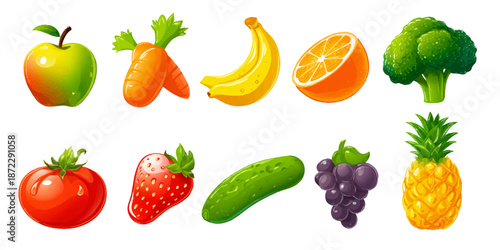 Colorful assorted fruits and vegetables on white background