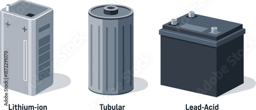 Lithium-ion, Tubular, and Lead-Acid Batteries Comparison Illustration