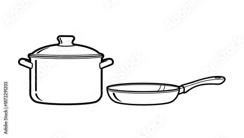 Pot and frying pan kitchenware vector line art illustration