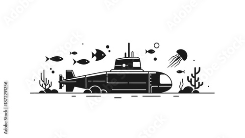 Black and white flat vector illustration of a submarine underwater with fish and jellyfish.