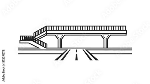 Pedestrian overpass bridge above highway road icon.