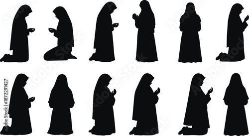 Islamic prayer poses, woman in worship, kneeling and standing, spiritual devotion, traditional attire, silhouette sequence, cad drawing flat vector illustration