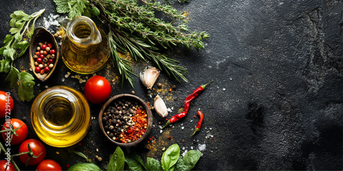Fresh herbs, tomatoes, and spices on dark background