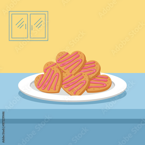 A plate of heart shaped cookies with pink icing on a table.