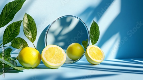 Yuzu Citrus and Circular Mirror Against Blue Sky