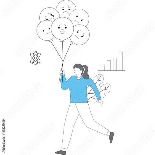 Woman struggles to hold a bunch of balloons featuring sad facial expressions near abstract scientific and statistical graphics.