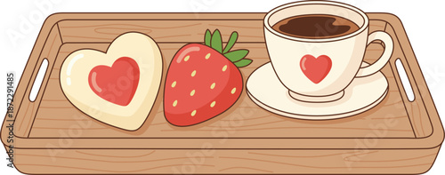 Hand Drawn Cozy Valentine's Day Breakfast Tray Illustration with Heart Cookie, Strawberry, and Coffee Cup