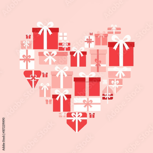 Heart shape made of red gift boxes on pink background.