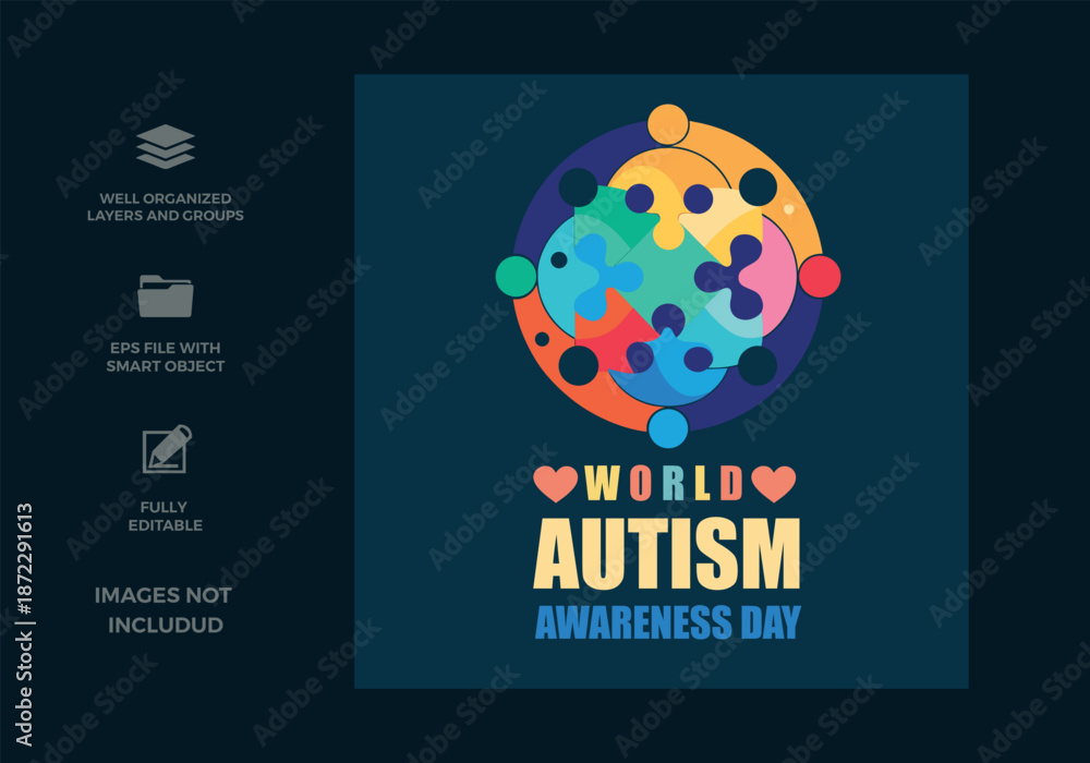 Naklejka premium World autism awareness day vibrant puzzle piece globe symbol illustration