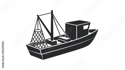 Fishing boat or commercial trawler ship icon vector illustration.