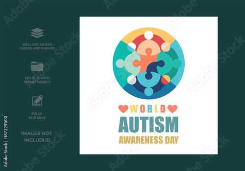 World autism awareness day concept with colorful interconnected puzzle pieces representing unity