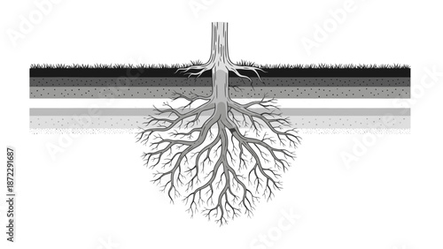 Tree roots system in underground soil layers diagram.