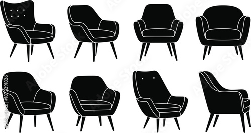 Modern armchair silhouettes collection, black upholstered lounge chairs, stylish furniture seating poses, interior design living room vector icons set
