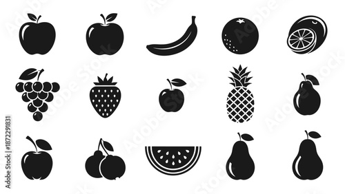 Fruit icons set vector illustration. Black silhouette of various fruits for organic food and healthy lifestyle design.