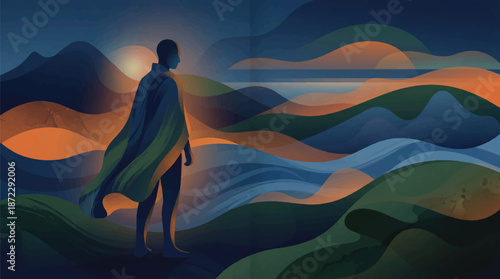 Man Standing on Hill at Sunset with Flowing Cape, Serene Landscape, Vibrant Colors