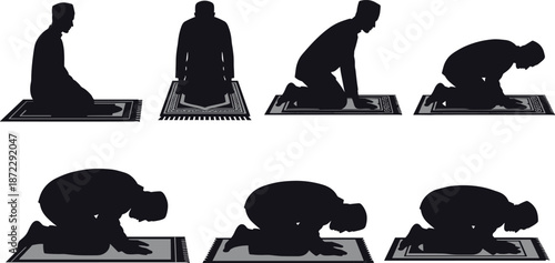 Islamic prayer postures, Salah movement sequence, kneeling and bowing, traditional attire, prayer mat, spiritual devotion, cad drawing flat vector illustration