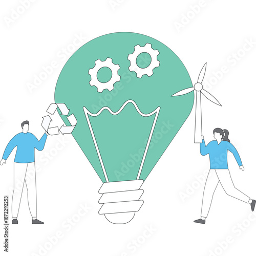 Flat vector style illustration of employees fueling green lightbulb engine with eco-friendly icons for sustainable company power stock illustration