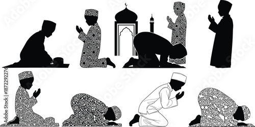 Islamic prayer silhouettes, Muslim worship postures, Salah movement illustration, mosque background, patterned figures, religious devotion, cad drawing flat vector illustration