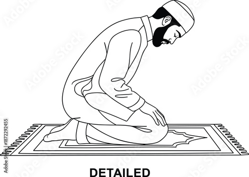 Man and child praying, Islamic devotion, kneeling posture, spiritual guidance, traditional attire, prayer mat, religious bonding, cad drawing flat vector illustration