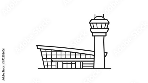Airport terminal building and control tower line icon vector.