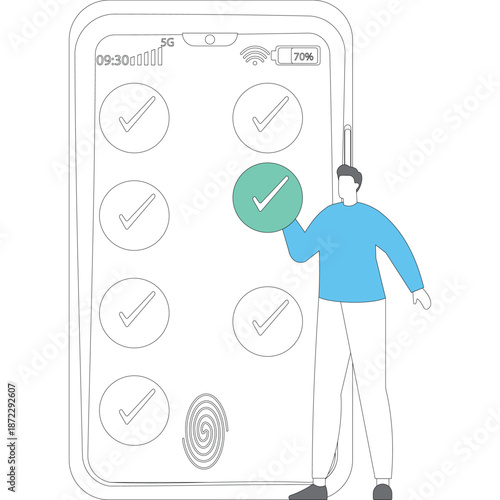 Flat vector style illustration of freelancer arranging task dominos to complete business workflow on smartphone platform stock illustration