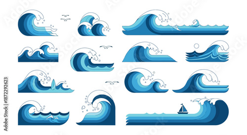 Stylized ocean waves with boats and seagulls in a repeating pattern