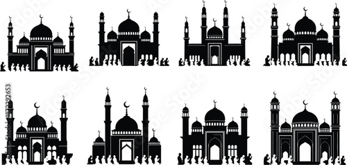 Mosque silhouettes, Islamic architecture, prayer gathering, Muslim worship, minarets and domes, religious culture, black vector art, spiritual unity, cad drawing flat vector illustration