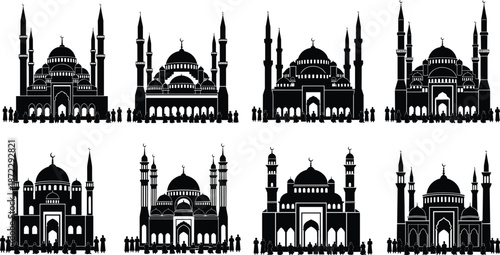 Mosque silhouettes, Islamic architecture, prayer gathering, Muslim worship, minarets and domes, religious unity, black vector art, cad drawing flat vector illustration