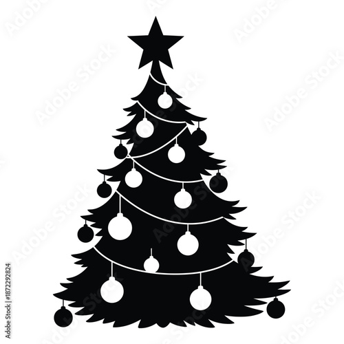 Christmas Tree Silhouette with Ornaments on White Background